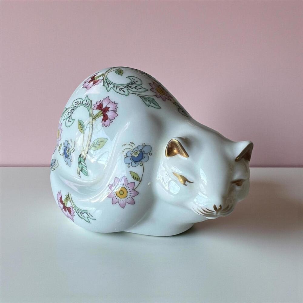 Vintage Minton Haddon Hall Bone China Cat Figurine • Floral English Porcelain